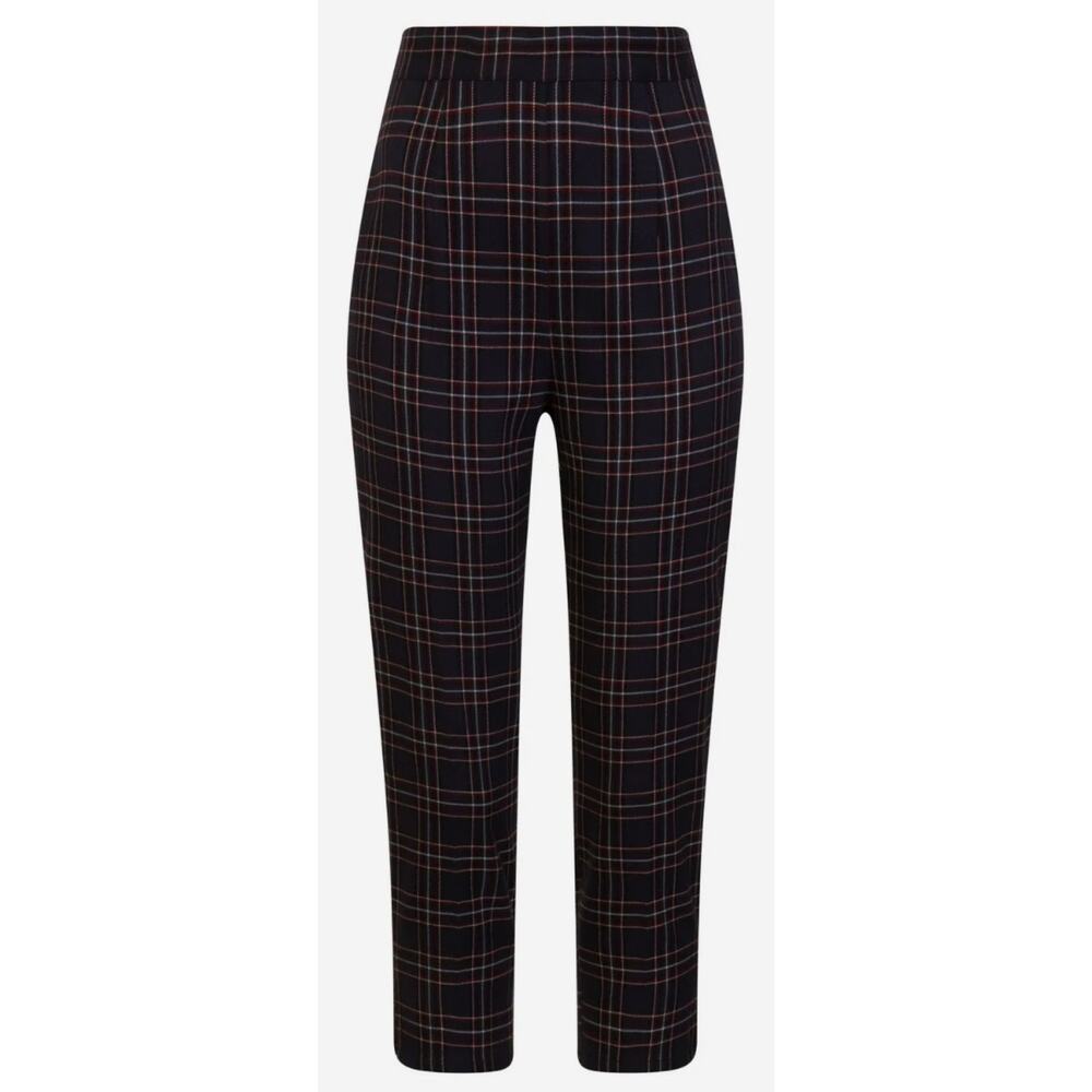 Hell Bunny Navy Tartan Plaid Cropped Cigarette Trouser Pant Womens UK M Blue Red
